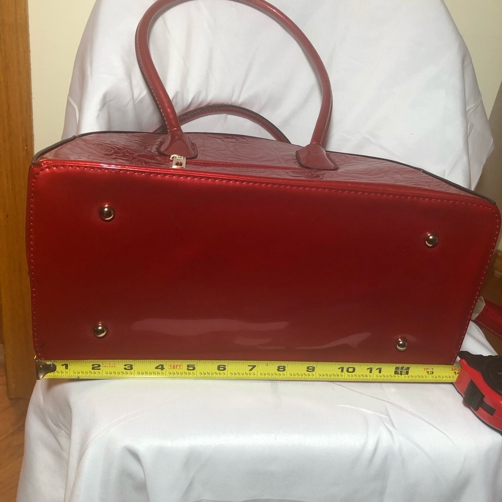 Red Floral Patent Dome Handbag with Gold Accents - Picture 6 of 8